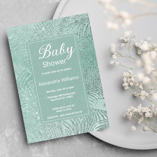 Elegant mint green glitter palm tree Baby Shower 招待状