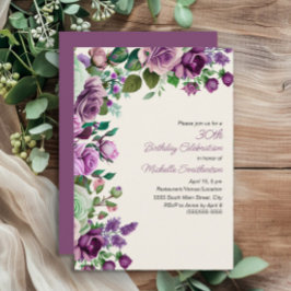Elegant Mint Green Purple Floral 30th Birthday 招待状