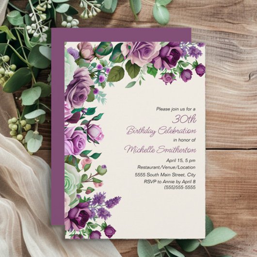 Elegant Mint Green Purple Floral 30th Birthday 招待状