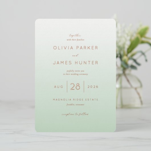 Elegant Mint Green Wedding Invitations 箔招待状 (立ち正面)