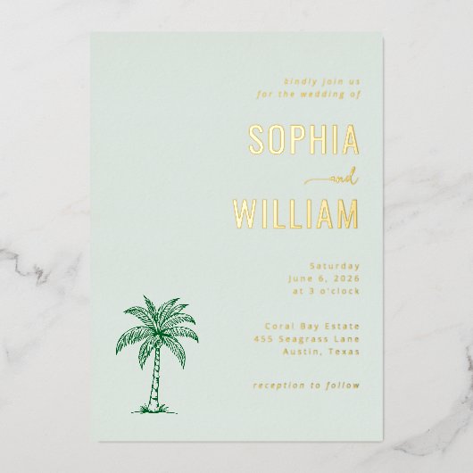 Elegant Mint Palm Tree 箔招待状 (正面)
