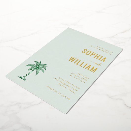 Elegant Mint Palm Tree 箔招待状 (回転した状態)