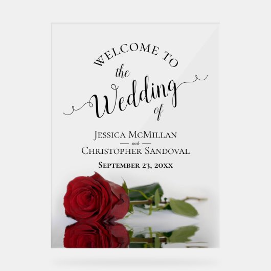 Elegant Mirrored Red Rose Romantic Wedding Welcome アクリルサイン (正面)