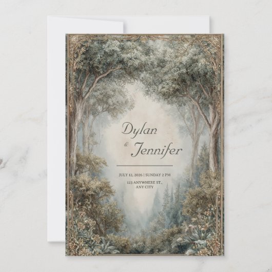 Elegant Misty Forest Archway Sage Gold Frame 招待状 (正面)