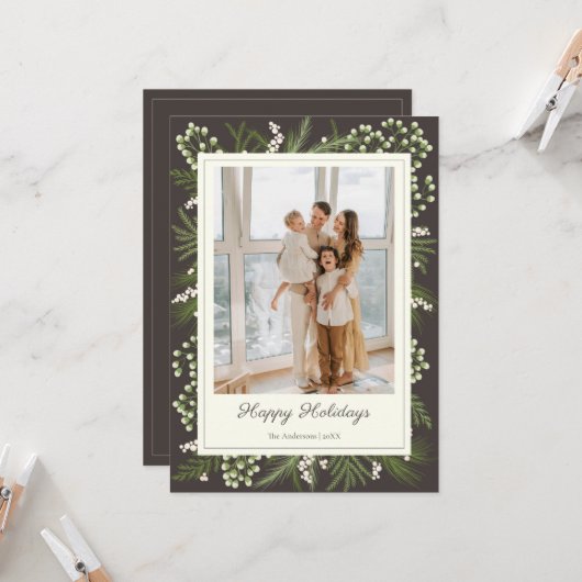 Elegant Mocha Botanical | Mocha Holiday Greeting カード (正面/裏面インサイチュ)