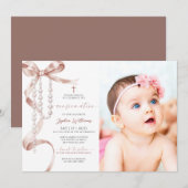 Elegant Mocha Bow & Rosary Photo Confirmation 招待状 (正面/裏面)