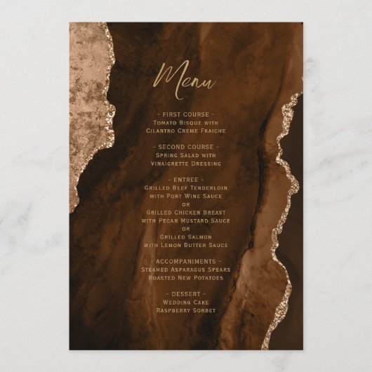 Elegant Mocha Brown Gold Agate Wedding Menu メニュー (正面)