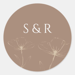 Elegant Mocha Floral Line Art Monogram Round ラウンドシール