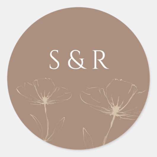 Elegant Mocha Floral Line Art Monogram Round ラウンドシール (正面)