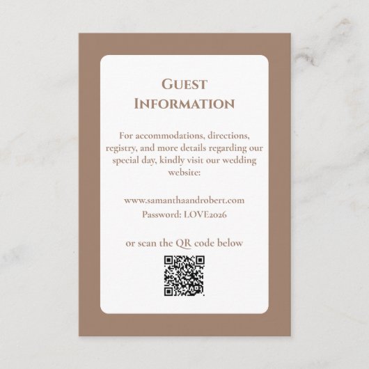 Elegant Mocha Floral Line Art QR Code Wedding エンクロージャーカード (正面)