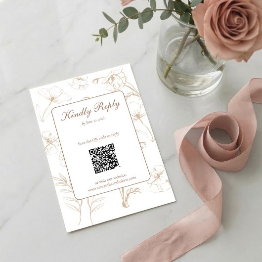 Elegant Mocha Floral Line Art QR Code Wedding 出欠カード