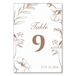 Elegant Mocha Floral Line Art Wedding テーブルナンバー