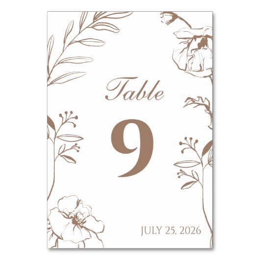 Elegant Mocha Floral Line Art Wedding テーブルナンバー (正面)