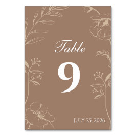 Elegant Mocha Floral Line Art Wedding テーブルナンバー