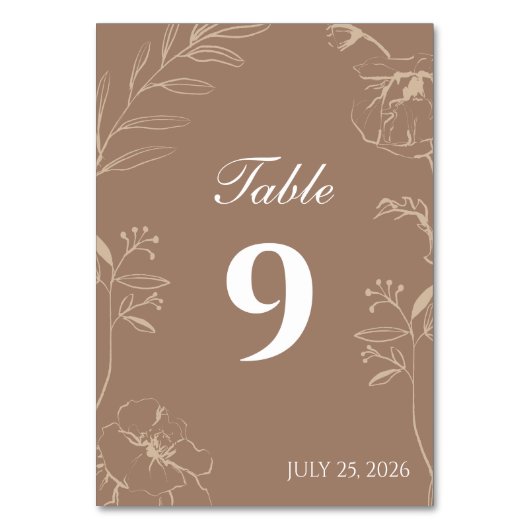 Elegant Mocha Floral Line Art Wedding テーブルナンバー (正面)