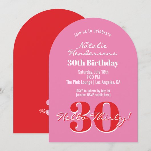 Elegant Modern 30th Birthday Pink Red Typography 招待状 (正面/裏面)