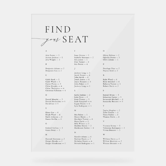 Elegant Modern Alphabetical Find Your Seat Wedding アクリルサイン (正面)