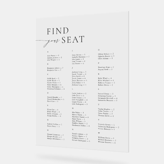 Elegant Modern Alphabetical Find Your Seat Wedding アクリルサイン (傾斜)