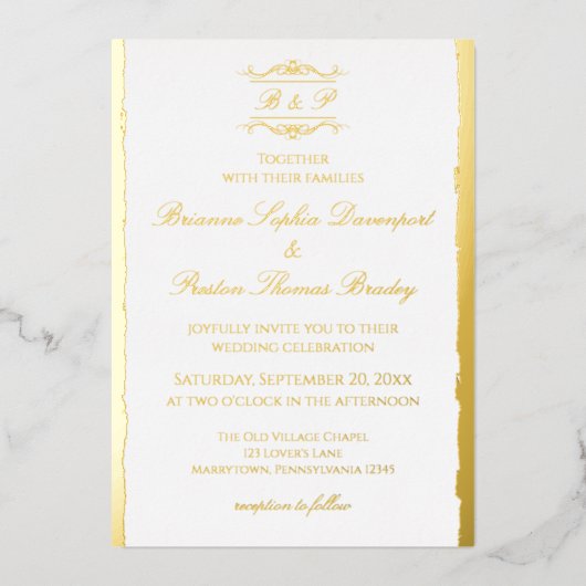Elegant Modern Antique Monogram Wedding Gold 箔招待状 (正面)