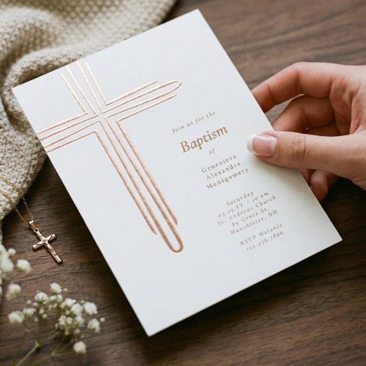 Elegant Modern Baptism Christening Religious Cross 箔招待状