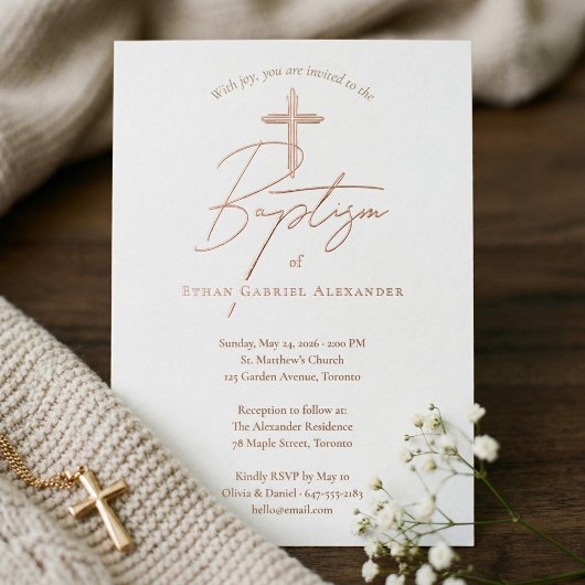 Elegant Modern Baptism Christening Religious Cross 箔招待状