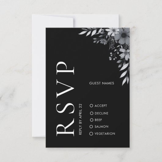 Elegant Modern Black Floral Wedding RSVP Card ノートカード (正面)