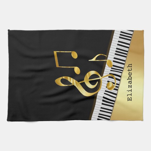 Elegant Modern Black Gold Music Notes,Piano Keys   キッチンタオル (横)