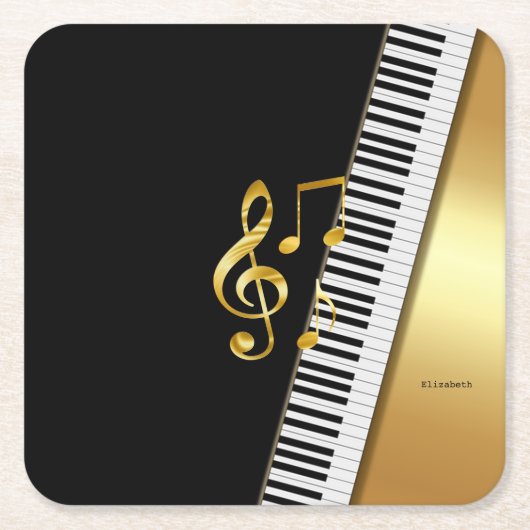 Elegant Modern Black Gold Music Notes,Piano Keys スクエアペーパーコースター (正面)