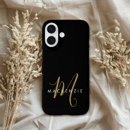 Elegant Modern Black Gold Script Monogram iPhone 16ケース