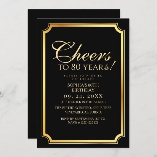 Elegant Modern Black Surprise 80th Birthday 招待状 (正面/裏面)