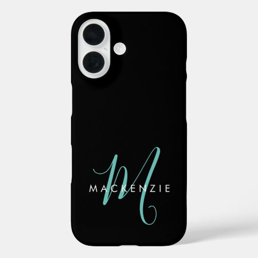 Elegant Modern Black Teal Script Monogram Case-Mate iPhoneケース (裏面)