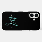 Elegant Modern Black Teal Script Monogram Case-Mate iPhoneケース (裏面 (横))