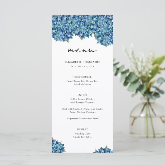  Elegant Modern Blue Hydrangeas Floral Wedding メニュー (スタンド正面)