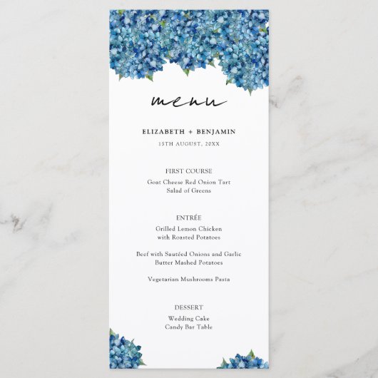  Elegant Modern Blue Hydrangeas Floral Wedding メニュー (正面)