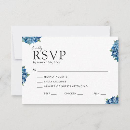 Elegant Modern Blue Hydrangeas Wedding 出欠カード (正面)