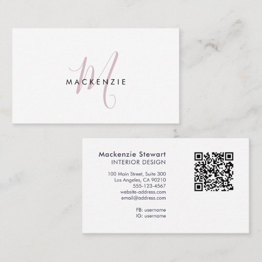 Elegant Modern Blush Pink Script Monogram QR Code 名刺 (正面/裏面)