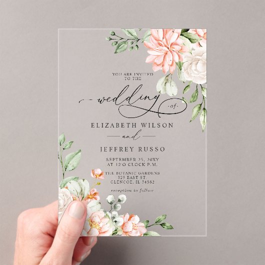 Elegant Modern Blush White Floral Wedding アクリル招待状 (インサイチュ (ポータブル))