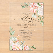 Elegant Modern Blush White Floral Wedding アクリル招待状 (正面)
