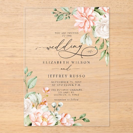 Elegant Modern Blush White Floral Wedding アクリル招待状 (正面)