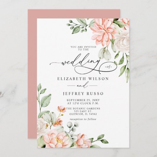 Elegant Modern Blush White Floral Wedding 招待状 (正面/裏面)