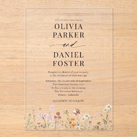 Elegant Modern Boho Wildflower Wedding  アクリル招待状 (正面)