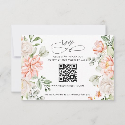 Elegant Modern Botanical Blush Floral QR CODE 出欠カード (正面)
