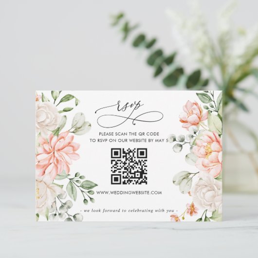 Elegant Modern Botanical Blush Floral QR CODE 出欠カード (スタンド正面)