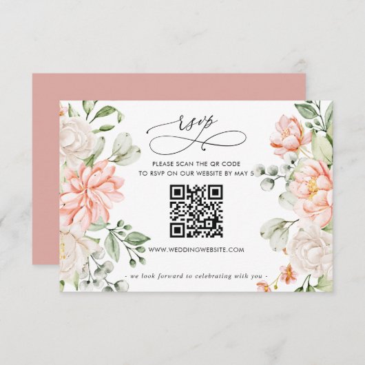 Elegant Modern Botanical Blush Floral QR CODE 出欠カード (正面/裏面)