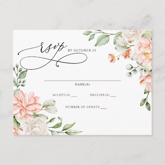Elegant Modern Botanical Blush Floral RSVP ポストカード (正面)