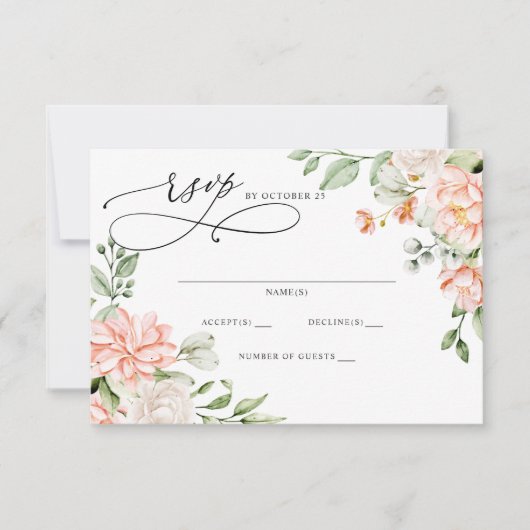Elegant Modern Botanical Blush Floral Wedding 出欠カード (正面)