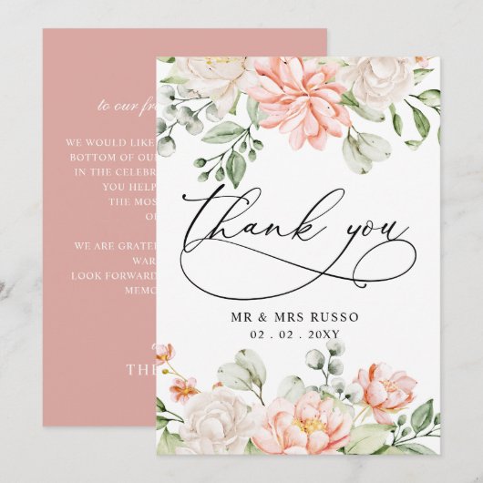 Elegant Modern Botanical Blush Pink Floral Wedding サンキューカード (正面/裏面)