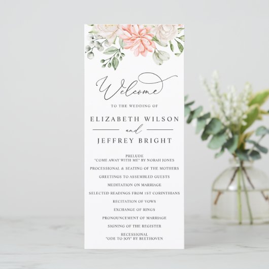Elegant Modern Botanical Blush Pink Floral Wedding プログラム (スタンド正面)