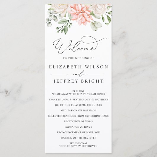 Elegant Modern Botanical Blush Pink Floral Wedding プログラム (正面)