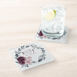 Elegant Modern Botanical Burgundy Floral Wedding ガラスコースター